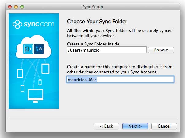 Choosing a sync folder with Sync.com